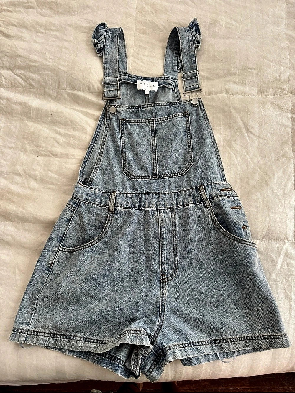 MABLE Square Neck Ruffle Shoulder Denim Overall Romper Blue Small